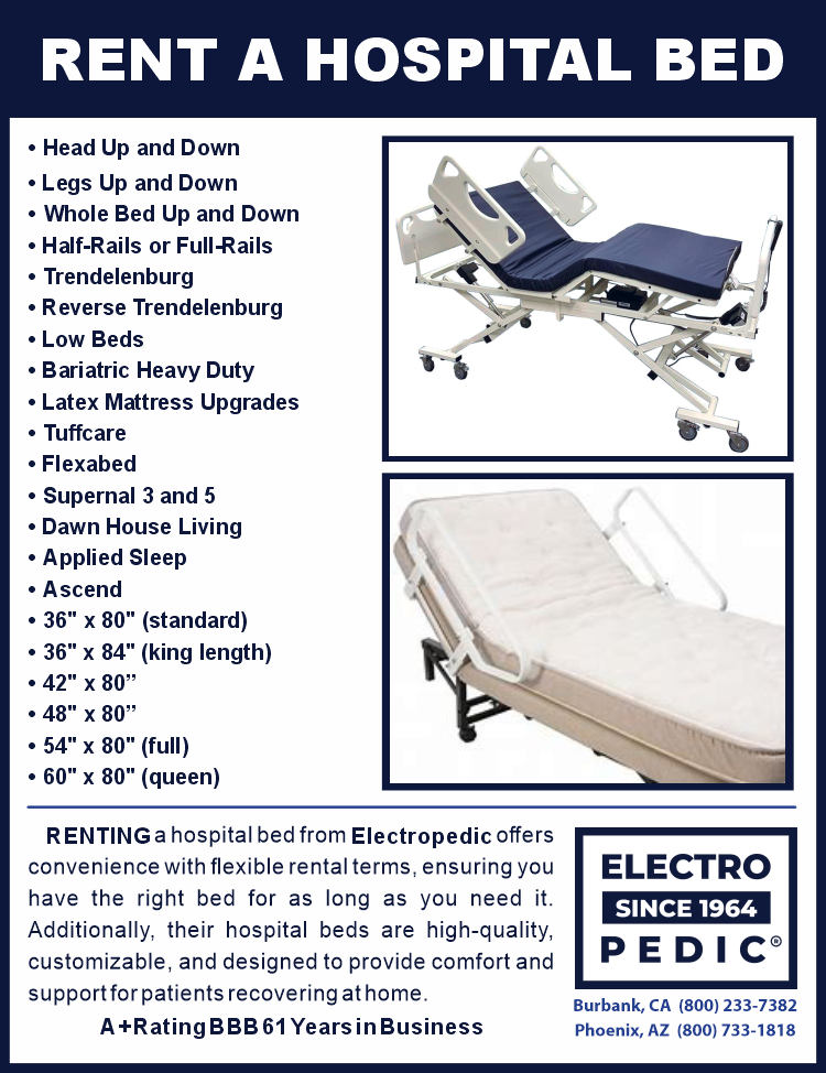 rent a 3 motor fully electric high low hospital bed, renting a lift chair recliner, electric 3 and 4 wheel eelctric scooter and pride jazzy powerchairs ed